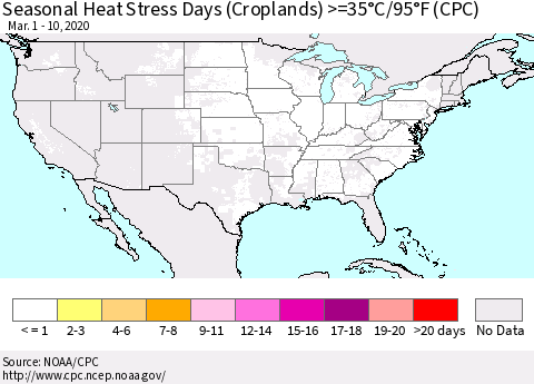United States Seasonal Heat Stress Days (Croplands) >=35°C/95°F (CPC) Thematic Map For 3/1/2020 - 3/10/2020