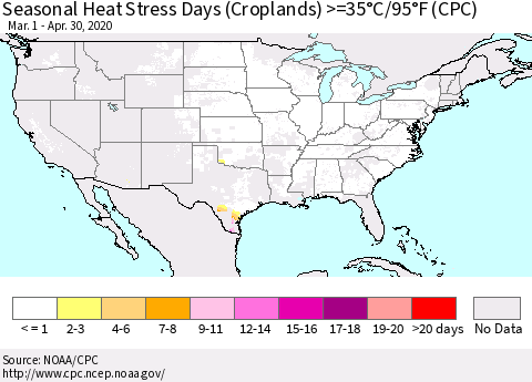 United States Seasonal Heat Stress Days (Croplands) >=35°C/95°F (CPC) Thematic Map For 3/1/2020 - 4/30/2020