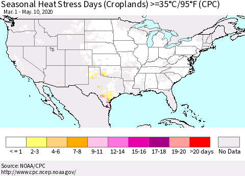 United States Seasonal Heat Stress Days (Croplands) >=35°C/95°F (CPC) Thematic Map For 3/1/2020 - 5/10/2020