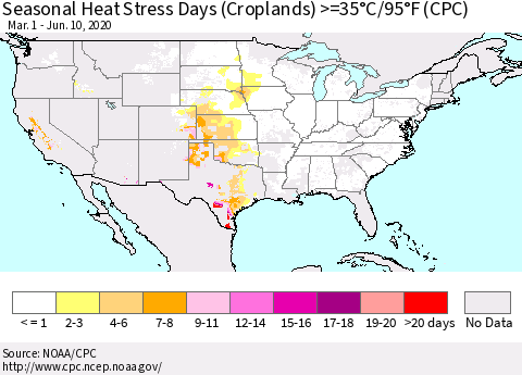 United States Seasonal Heat Stress Days (Croplands) >=35°C/95°F (CPC) Thematic Map For 3/1/2020 - 6/10/2020
