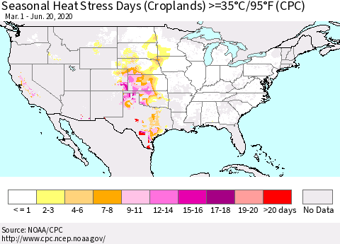 United States Seasonal Heat Stress Days (Croplands) >=35°C/95°F (CPC) Thematic Map For 3/1/2020 - 6/20/2020