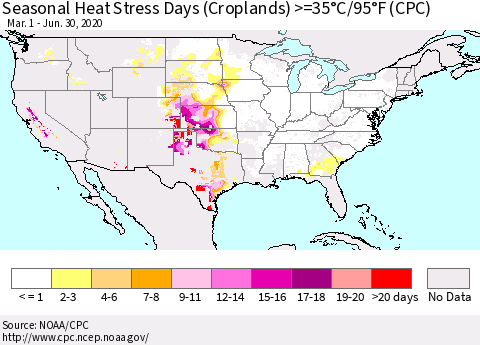 United States Seasonal Heat Stress Days (Croplands) >=35°C/95°F (CPC) Thematic Map For 3/1/2020 - 6/30/2020