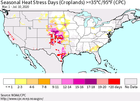 United States Seasonal Heat Stress Days (Croplands) >=35°C/95°F (CPC) Thematic Map For 3/1/2020 - 7/10/2020