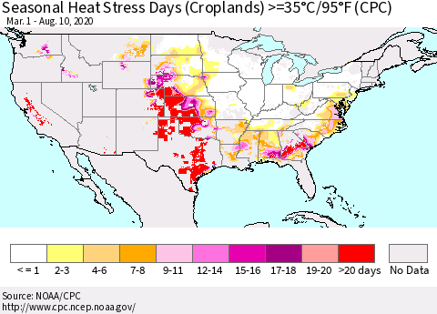United States Seasonal Heat Stress Days (Croplands) >=35°C/95°F (CPC) Thematic Map For 3/1/2020 - 8/10/2020