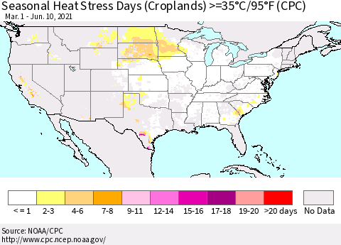 United States Seasonal Heat Stress Days (Croplands) >=35°C/95°F (CPC) Thematic Map For 3/1/2021 - 6/10/2021