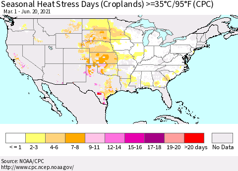United States Seasonal Heat Stress Days (Croplands) >=35°C/95°F (CPC) Thematic Map For 3/1/2021 - 6/20/2021