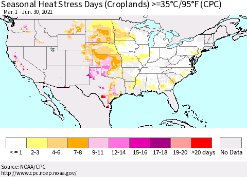 United States Seasonal Heat Stress Days (Croplands) >=35°C/95°F (CPC) Thematic Map For 3/1/2021 - 6/30/2021