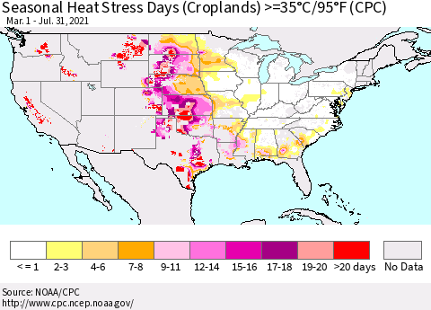 United States Seasonal Heat Stress Days (Croplands) >=35°C/95°F (CPC) Thematic Map For 3/1/2021 - 7/31/2021
