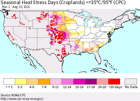 United States Seasonal Heat Stress Days (Croplands) >=35°C/95°F (CPC) Thematic Map For 3/1/2021 - 8/10/2021