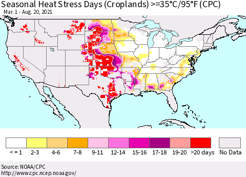 United States Seasonal Heat Stress Days (Croplands) >=35°C/95°F (CPC) Thematic Map For 3/1/2021 - 8/20/2021