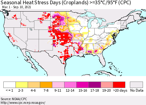 United States Seasonal Heat Stress Days (Croplands) >=35°C/95°F (CPC) Thematic Map For 3/1/2021 - 9/10/2021