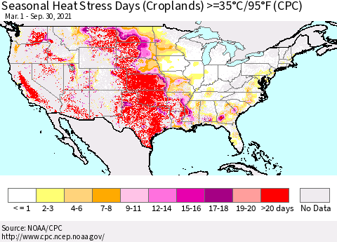 United States Seasonal Heat Stress Days (Croplands) >=35°C/95°F (CPC) Thematic Map For 3/1/2021 - 9/30/2021