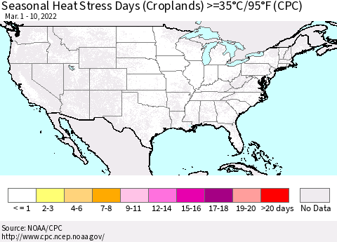 United States Seasonal Heat Stress Days (Croplands) >=35°C/95°F (CPC) Thematic Map For 3/1/2022 - 3/10/2022