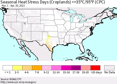 United States Seasonal Heat Stress Days (Croplands) >=35°C/95°F (CPC) Thematic Map For 3/1/2022 - 4/20/2022
