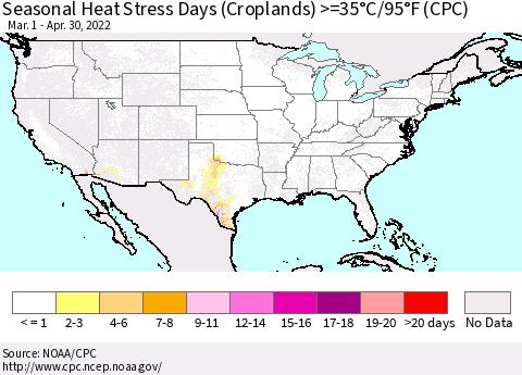 United States Seasonal Heat Stress Days (Croplands) >=35°C/95°F (CPC) Thematic Map For 3/1/2022 - 4/30/2022