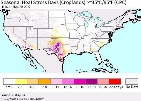 United States Seasonal Heat Stress Days (Croplands) >=35°C/95°F (CPC) Thematic Map For 3/1/2022 - 5/20/2022