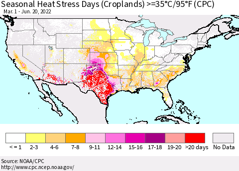 United States Seasonal Heat Stress Days (Croplands) >=35°C/95°F (CPC) Thematic Map For 3/1/2022 - 6/20/2022