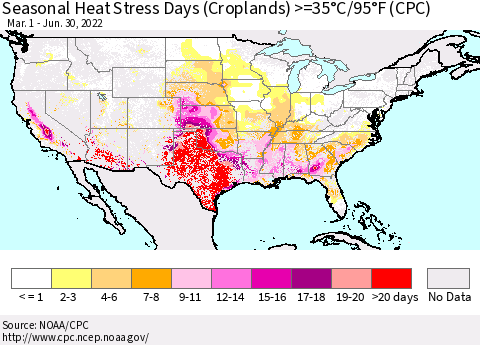 United States Seasonal Heat Stress Days (Croplands) >=35°C/95°F (CPC) Thematic Map For 3/1/2022 - 6/30/2022