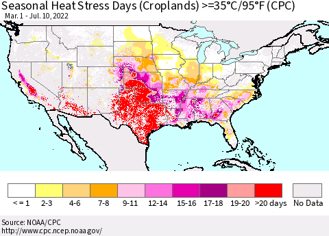 United States Seasonal Heat Stress Days (Croplands) >=35°C/95°F (CPC) Thematic Map For 3/1/2022 - 7/10/2022