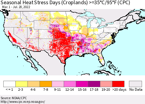 United States Seasonal Heat Stress Days (Croplands) >=35°C/95°F (CPC) Thematic Map For 3/1/2022 - 7/20/2022