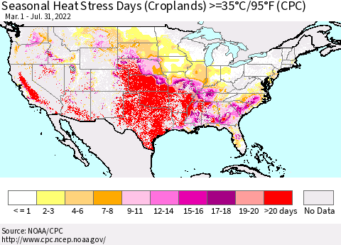 United States Seasonal Heat Stress Days (Croplands) >=35°C/95°F (CPC) Thematic Map For 3/1/2022 - 7/31/2022