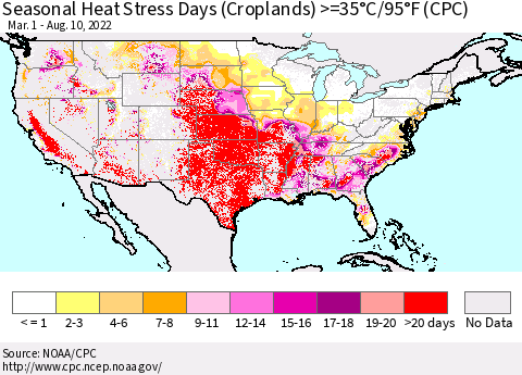 United States Seasonal Heat Stress Days (Croplands) >=35°C/95°F (CPC) Thematic Map For 3/1/2022 - 8/10/2022