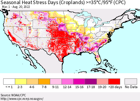 United States Seasonal Heat Stress Days (Croplands) >=35°C/95°F (CPC) Thematic Map For 3/1/2022 - 8/20/2022