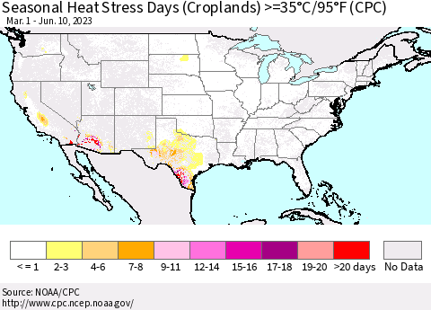 United States Seasonal Heat Stress Days (Croplands) >=35°C/95°F (CPC) Thematic Map For 3/1/2023 - 6/10/2023