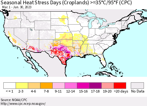 United States Seasonal Heat Stress Days (Croplands) >=35°C/95°F (CPC) Thematic Map For 3/1/2023 - 6/30/2023