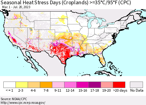 United States Seasonal Heat Stress Days (Croplands) >=35°C/95°F (CPC) Thematic Map For 3/1/2023 - 7/20/2023