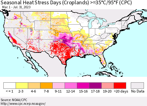 United States Seasonal Heat Stress Days (Croplands) >=35°C/95°F (CPC) Thematic Map For 3/1/2023 - 7/31/2023