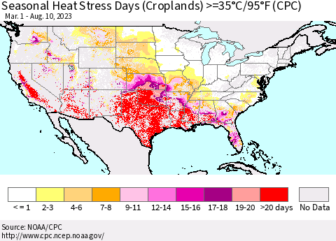 United States Seasonal Heat Stress Days (Croplands) >=35°C/95°F (CPC) Thematic Map For 3/1/2023 - 8/10/2023
