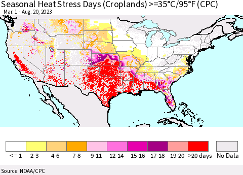 United States Seasonal Heat Stress Days (Croplands) >=35°C/95°F (CPC) Thematic Map For 3/1/2023 - 8/20/2023