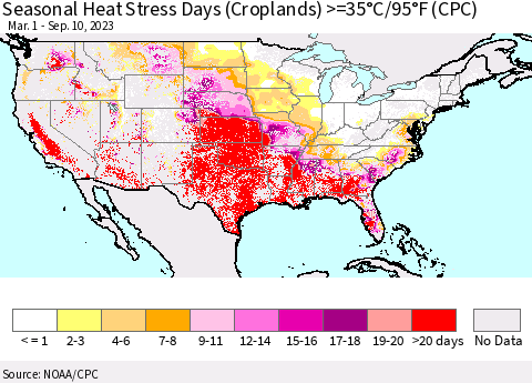 United States Seasonal Heat Stress Days (Croplands) >=35°C/95°F (CPC) Thematic Map For 3/1/2023 - 9/10/2023