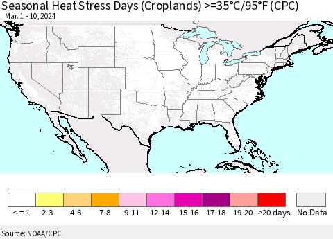 United States Seasonal Heat Stress Days (Croplands) >=35°C/95°F (CPC) Thematic Map For 3/1/2024 - 3/10/2024