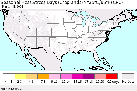 United States Seasonal Heat Stress Days (Croplands) >=35°C/95°F (CPC) Thematic Map For 3/1/2024 - 3/31/2024