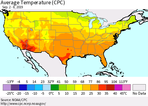 United States Average Temperature (CPC) Thematic Map For 9/2/2019 - 9/8/2019