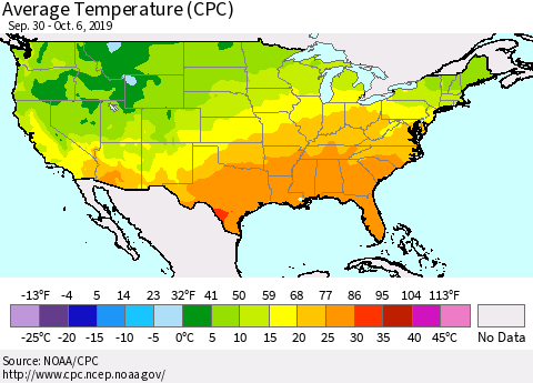 United States Average Temperature (CPC) Thematic Map For 9/30/2019 - 10/6/2019