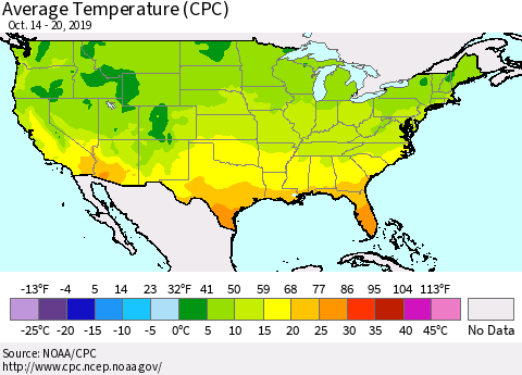 United States Average Temperature (CPC) Thematic Map For 10/14/2019 - 10/20/2019