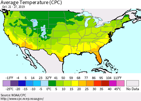 United States Average Temperature (CPC) Thematic Map For 10/21/2019 - 10/27/2019