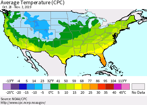 United States Average Temperature (CPC) Thematic Map For 10/28/2019 - 11/3/2019