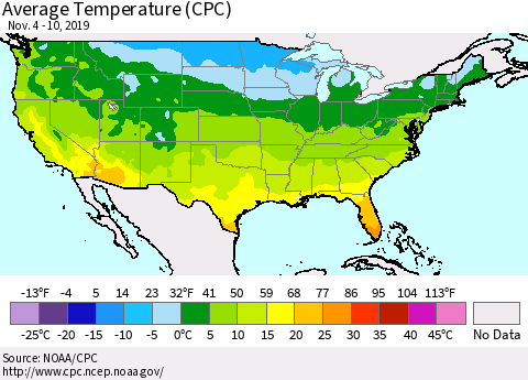 United States Average Temperature (CPC) Thematic Map For 11/4/2019 - 11/10/2019