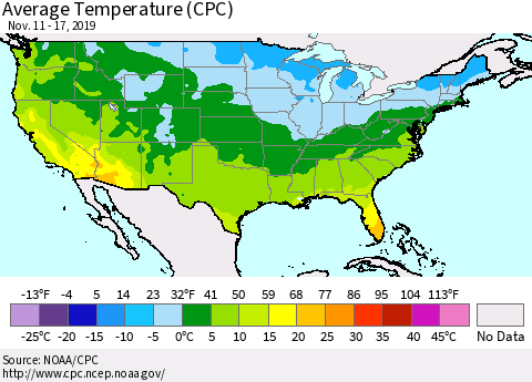 United States Average Temperature (CPC) Thematic Map For 11/11/2019 - 11/17/2019
