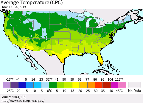 United States Average Temperature (CPC) Thematic Map For 11/18/2019 - 11/24/2019