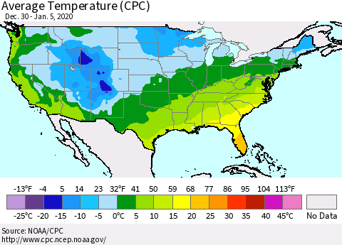 United States Average Temperature (CPC) Thematic Map For 12/30/2019 - 1/5/2020
