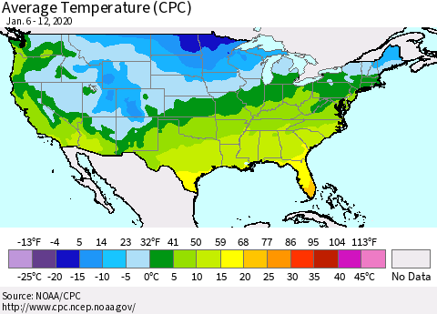 United States Average Temperature (CPC) Thematic Map For 1/6/2020 - 1/12/2020
