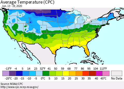 United States Average Temperature (CPC) Thematic Map For 1/13/2020 - 1/19/2020
