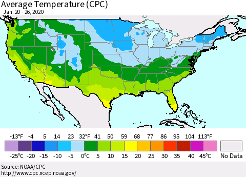 United States Average Temperature (CPC) Thematic Map For 1/20/2020 - 1/26/2020