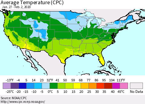 United States Average Temperature (CPC) Thematic Map For 1/27/2020 - 2/2/2020