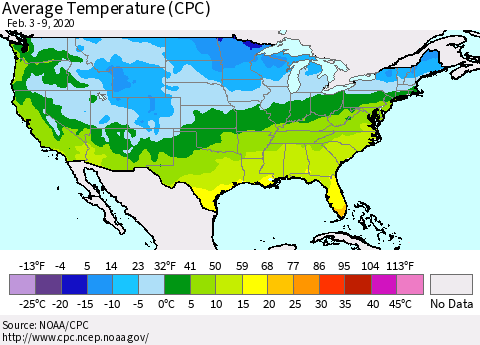 United States Average Temperature (CPC) Thematic Map For 2/3/2020 - 2/9/2020